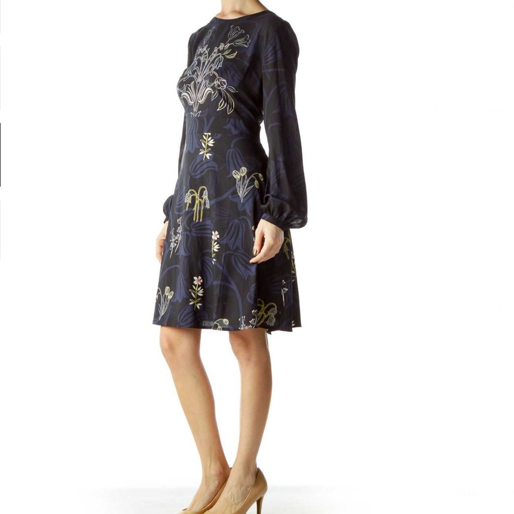 Ann Taylor LOFT Floral Dress Long Sleeve Blue Black Sz 4 Business Work Event